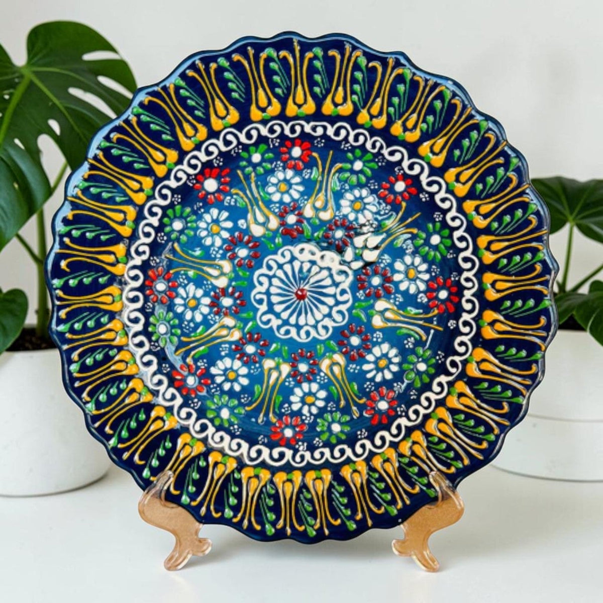 10” Turkish Ceramic Handmade & Painted Plate - Blue, Green, Yellow Dot Art Floral Tulip Patterned - Wall Hanging or Stand Use