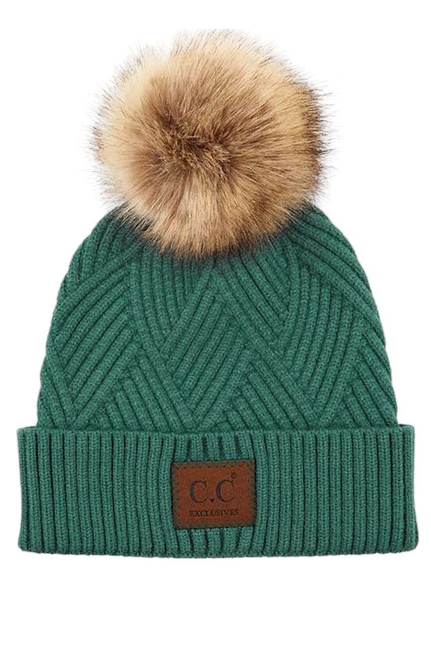 C.C Women's Heather Beanie Hat With Pom And Suede Patch