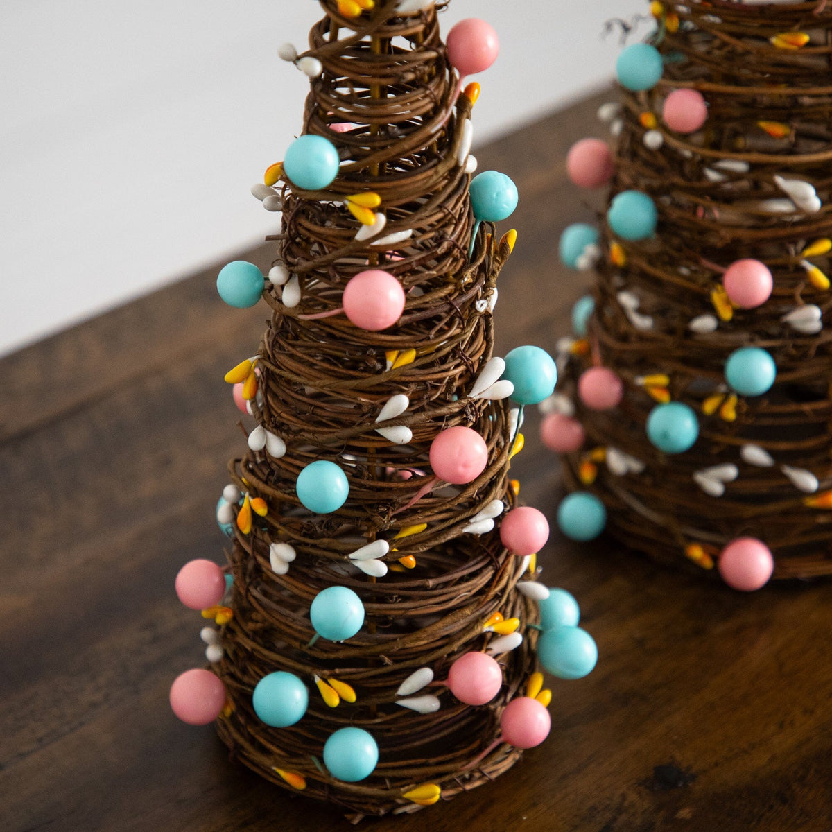 12" and 16" Artificial Easter Rattan Cone Trees with Pastel Eggs - Set of 2 - Che Cose Belle