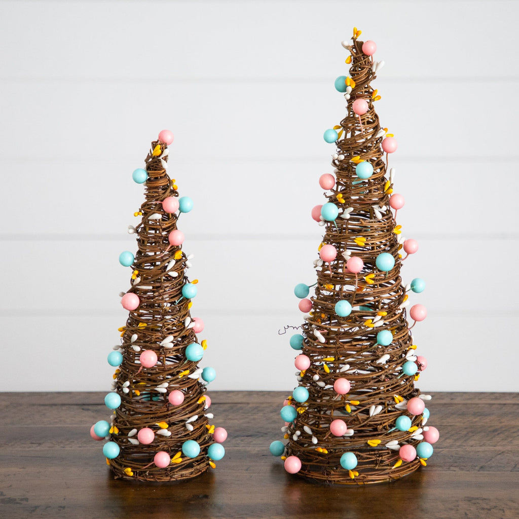 12" and 16" Artificial Easter Rattan Cone Trees with Pastel Eggs - Set of 2 - Che Cose Belle