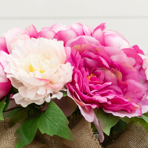 12” Artificial Peony Arrangement in Burlap Vase - Che Cose Belle