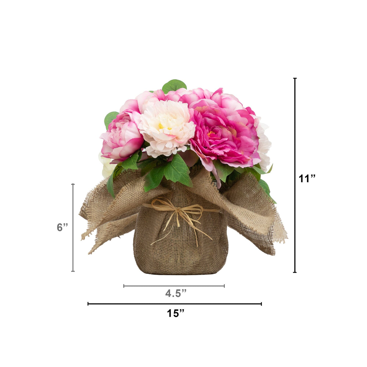 12” Artificial Peony Arrangement in Burlap Vase - Che Cose Belle
