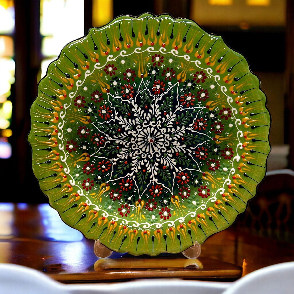 12” Turkish Ceramic Handmade & Painted Plate - Bright Green Dot Art Floral Tulip Patterned - Wall Hanging or Stand Use - Che Cose Belle