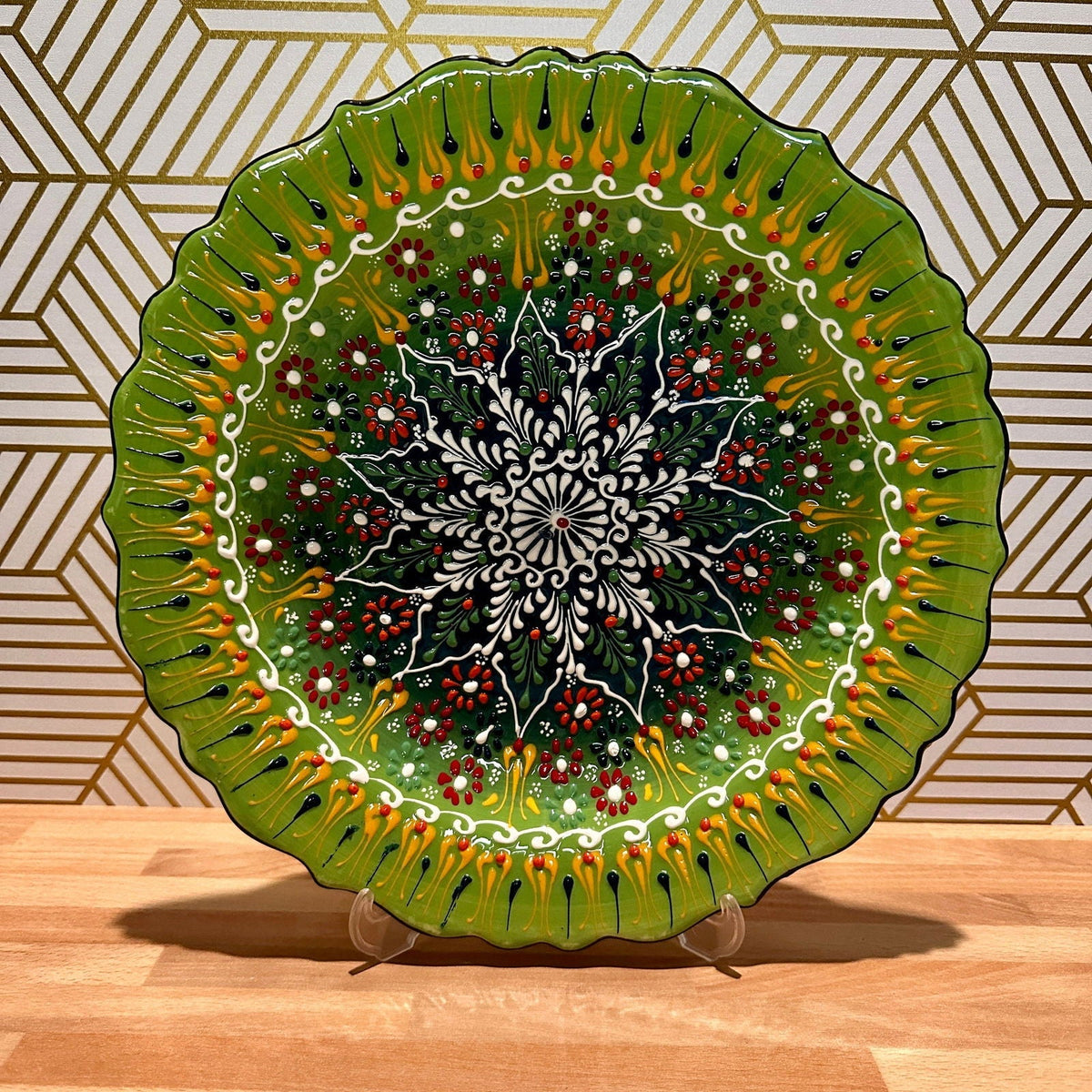 12” Turkish Ceramic Handmade & Painted Plate - Bright Green Dot Art Floral Tulip Patterned - Wall Hanging or Stand Use - Che Cose Belle