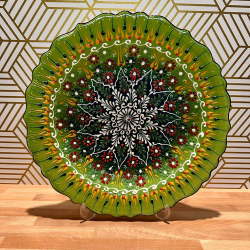 12” Turkish Ceramic Handmade & Painted Plate - Bright Green Dot Art Floral Tulip Patterned - Wall Hanging or Stand Use - Che Cose Belle