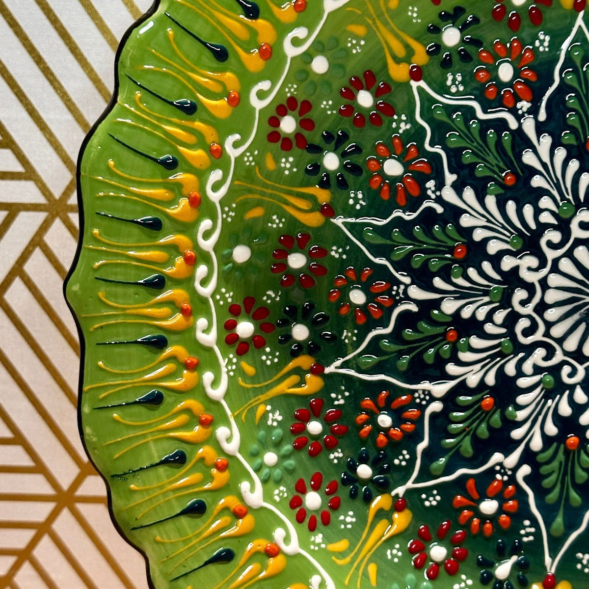 12” Turkish Ceramic Handmade & Painted Plate - Bright Green Dot Art Floral Tulip Patterned - Wall Hanging or Stand Use - Che Cose Belle