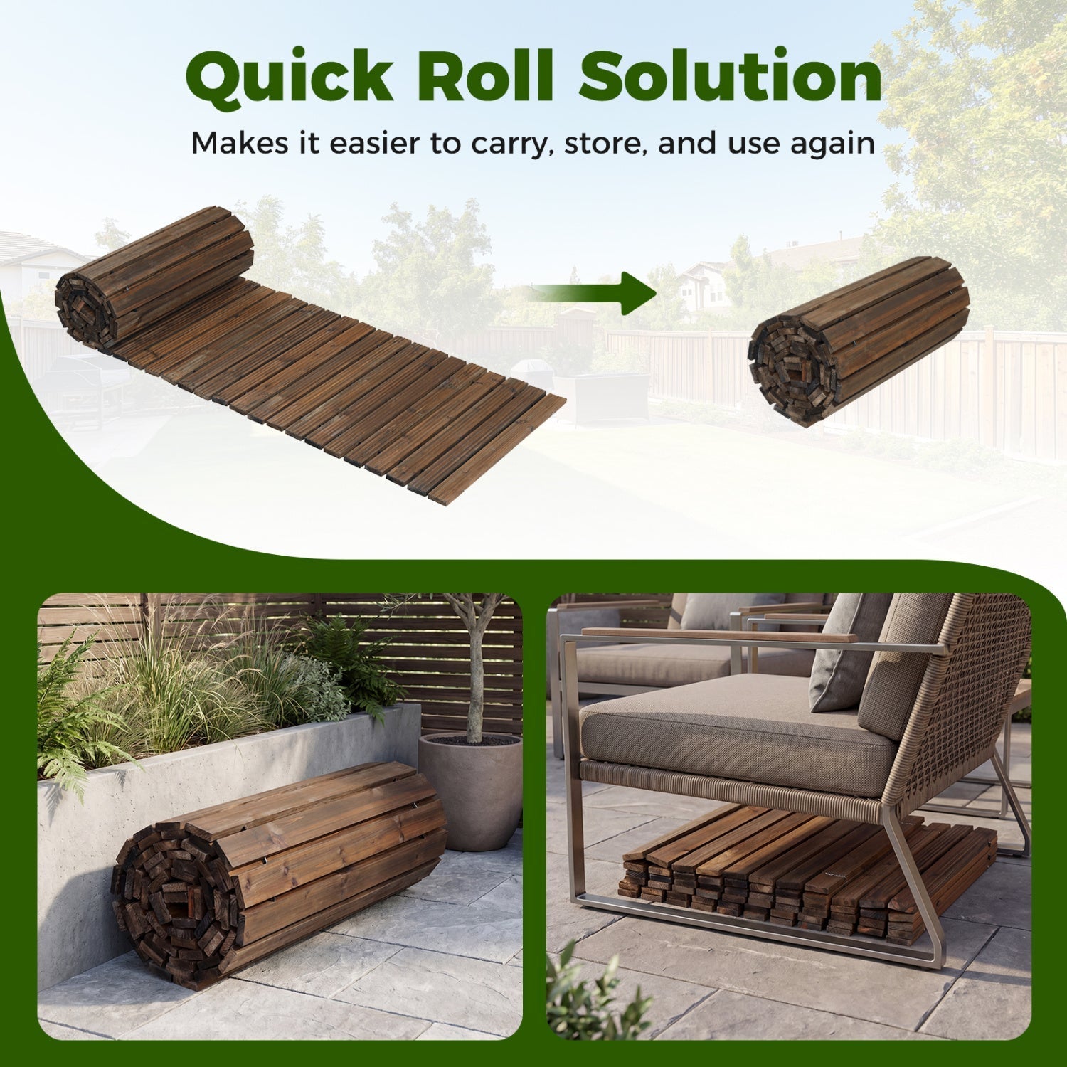 12 FT Wooden Garden Pathway 22 Inches Wide Outdoor Roll out Straight Walkway