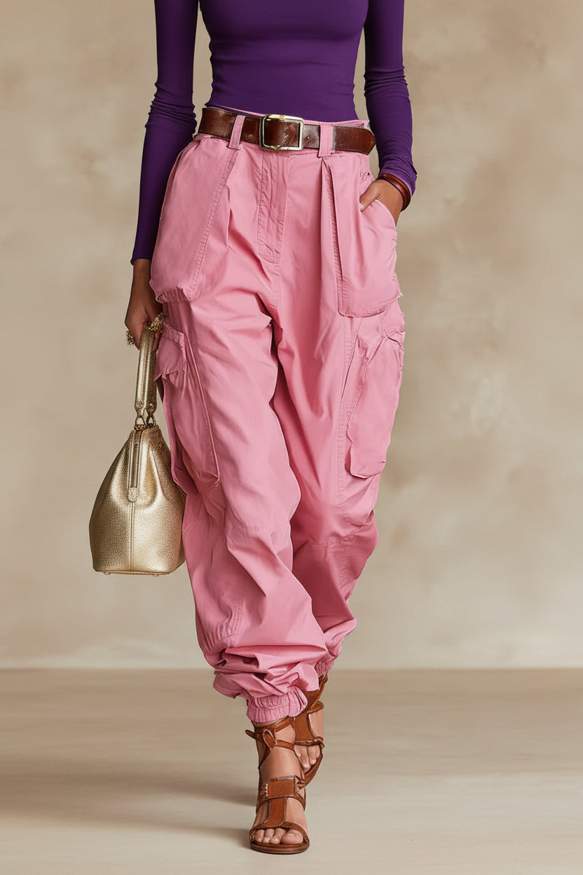 Women's High-Waist Cargo Parachute Pants with Elastic Ankle Cuffs
