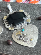 Hand Stamped Sterling Silver & Black Marble Santa Fe Cross and Heart Pendant by Kimari Somers