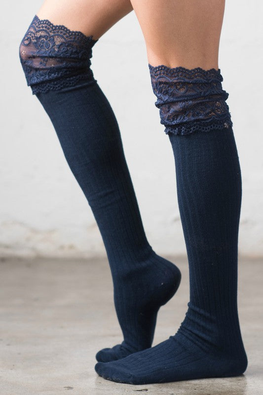 Lace-Topped Over-the-Knee Socks – Soft Stretch Knit Cottagecore Layering Stockings