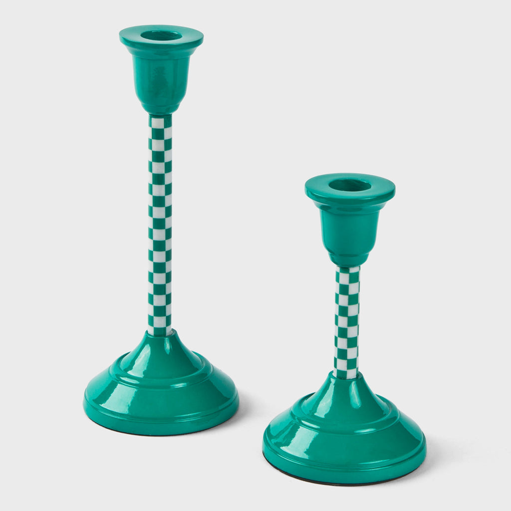 Jade Mint Checkered Candlestick Holder