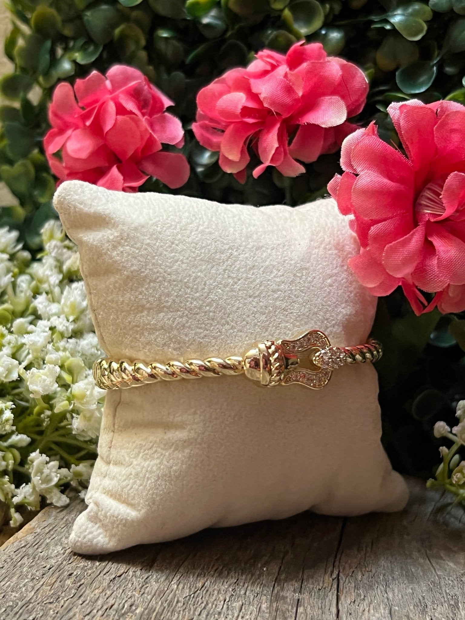 14k Gold Plated CZ Cable Bracket Bangle Bracelet - Che Cose Belle