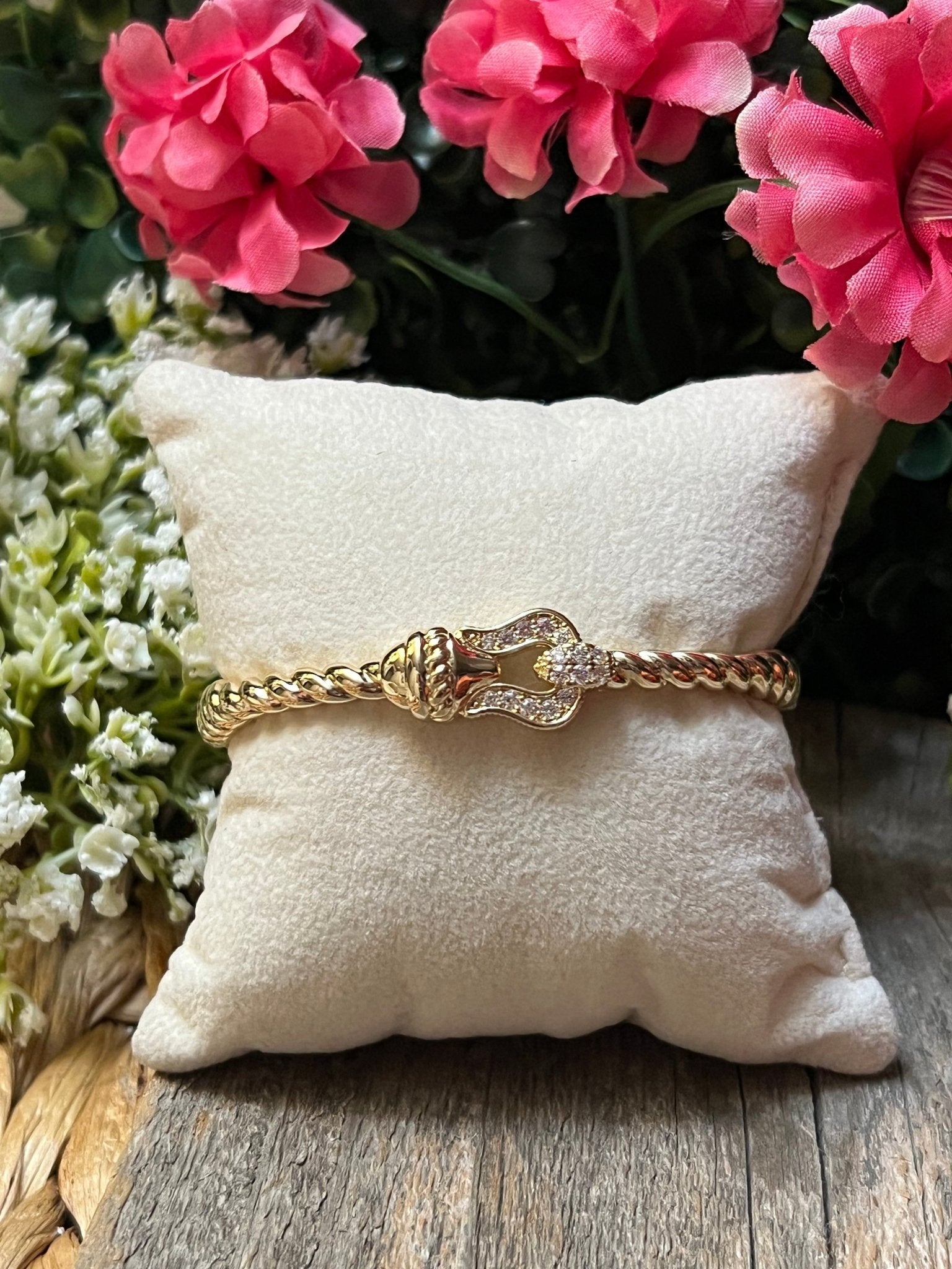 14k Gold Plated CZ Cable Bracket Bangle Bracelet - Che Cose Belle