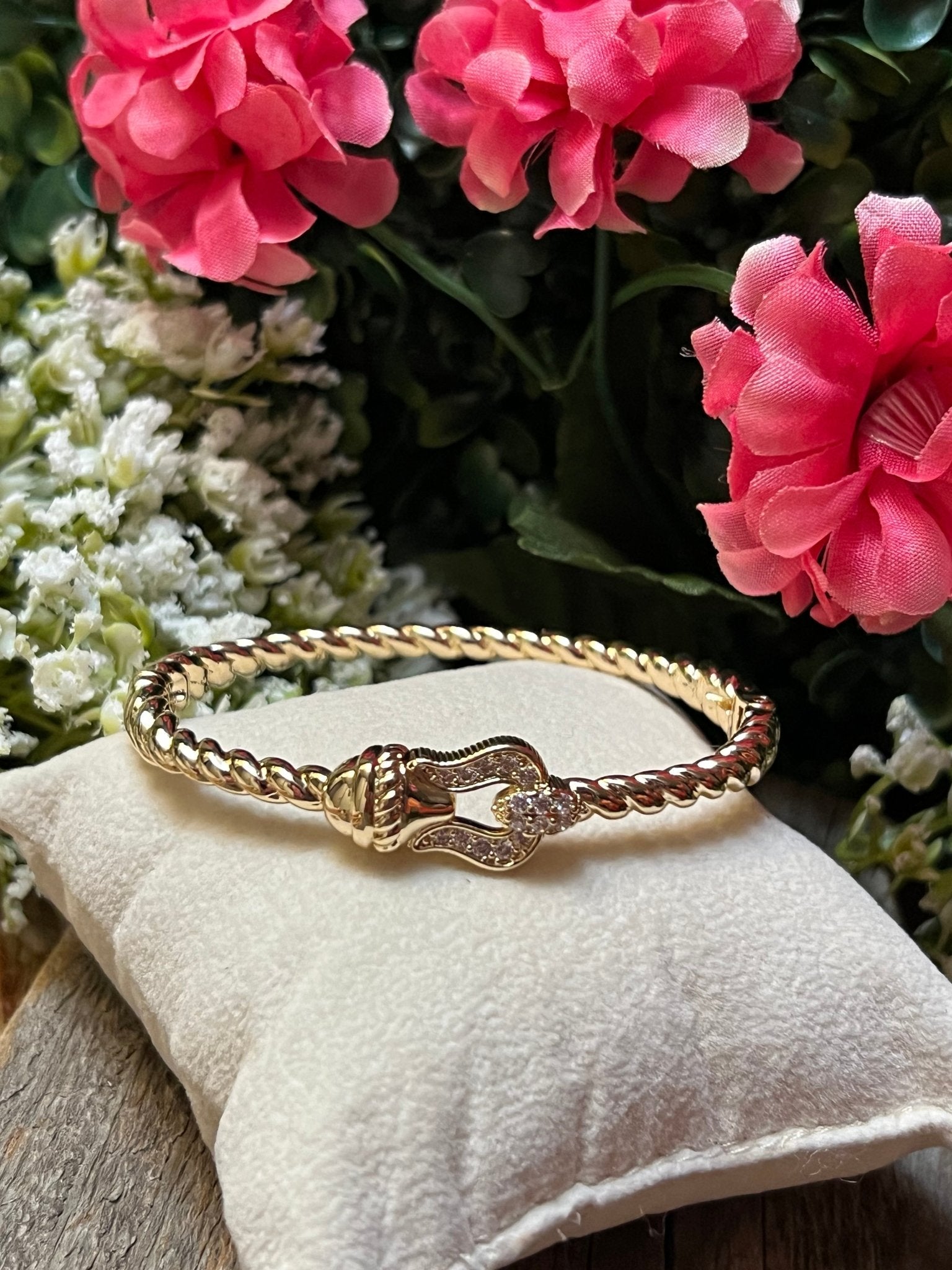 14k Gold Plated CZ Cable Bracket Bangle Bracelet - Che Cose Belle