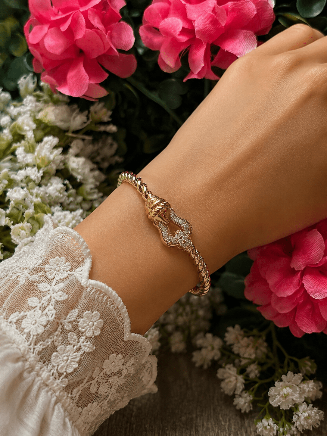 14k Gold Plated CZ Cable Bracket Bangle Bracelet - Che Cose Belle