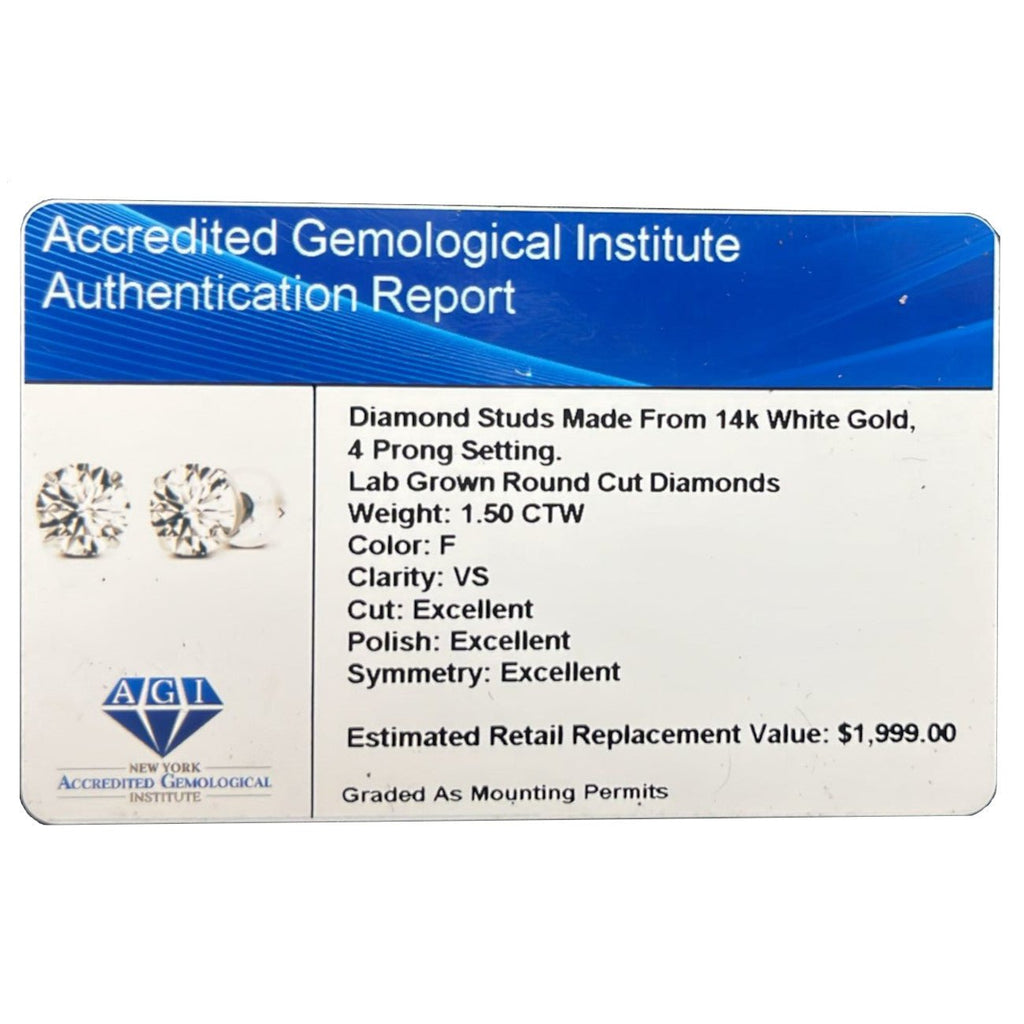 1.50 CTW Lab-Grown Diamond Stud Earrings in 14K White or Yellow Gold – F Color, VS Clarity | AGI Certified - Che Cose Belle