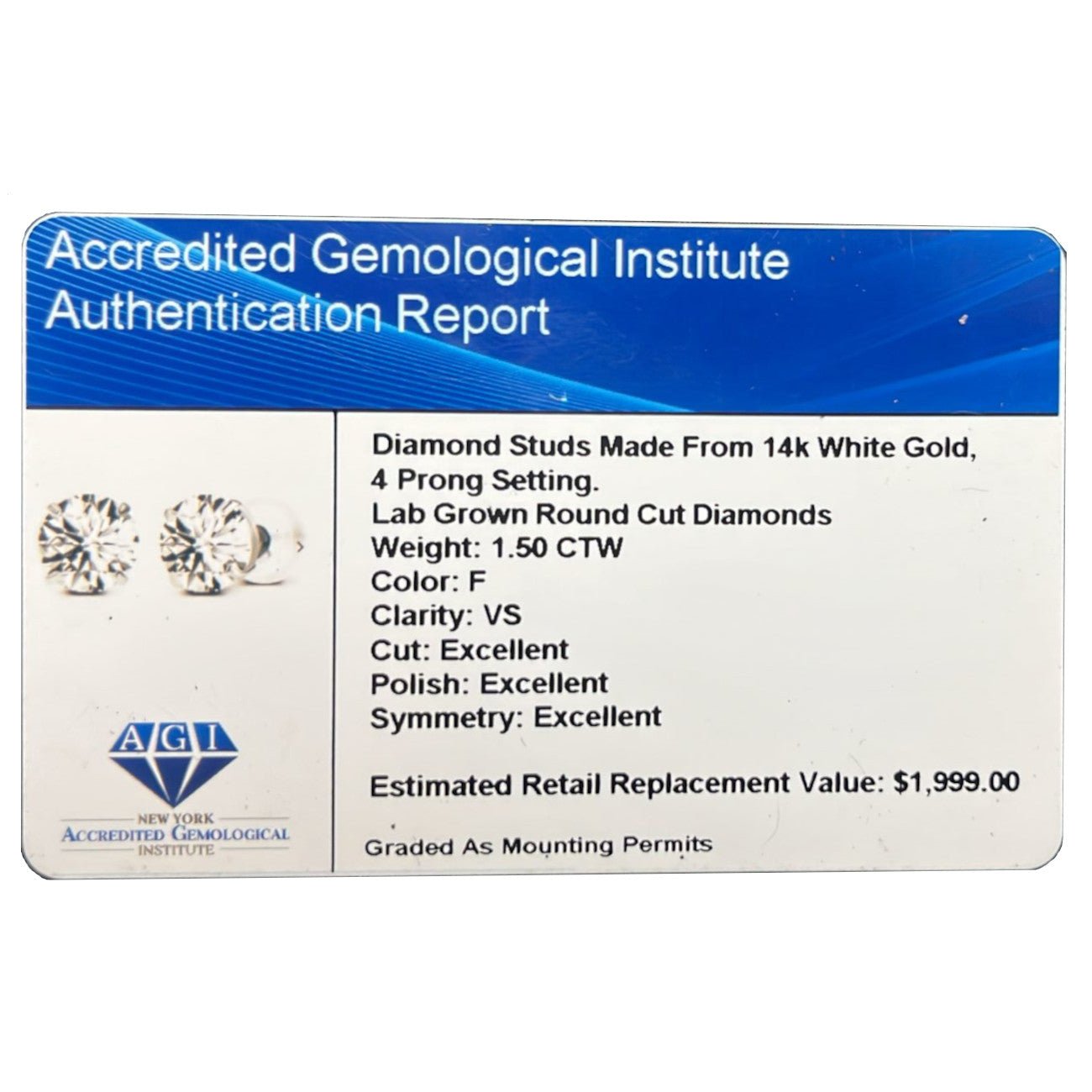 1.50 CTW Lab-Grown Diamond Stud Earrings in 14K White or Yellow Gold – F Color, VS Clarity | AGI Certified - Che Cose Belle