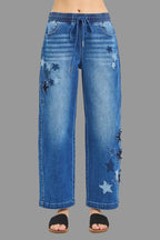 RISEN Elastic Band Slouchy Cropped Barrel with Star Patch