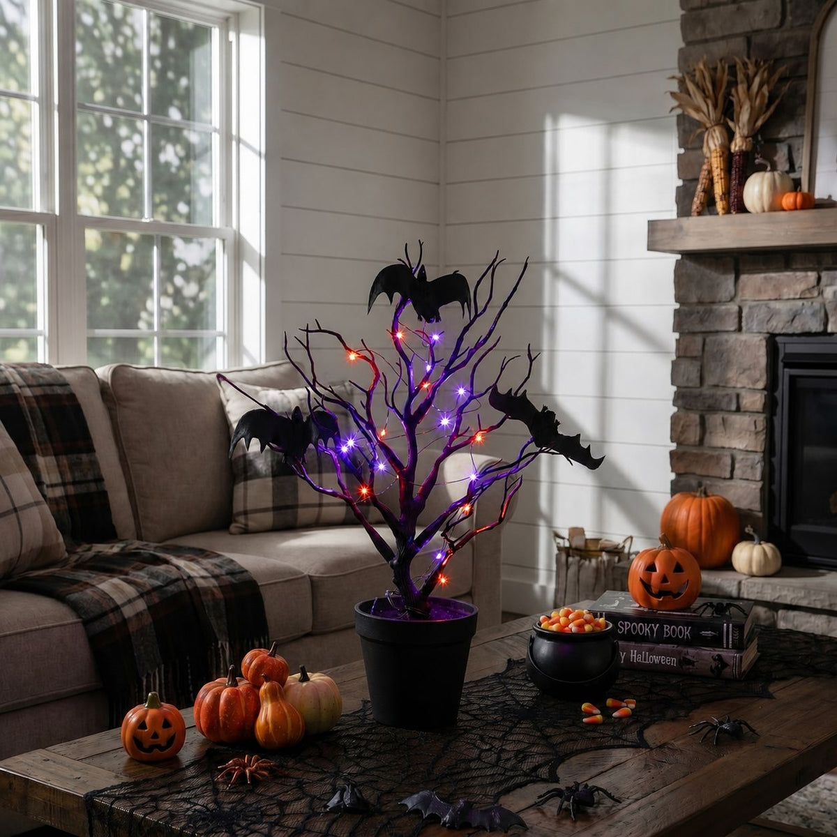 16” Pre-Lit Artificial Halloween Black Spooky Twig Tree with Bats and 20 Orange & Purple LED Lights - Che Cose Belle