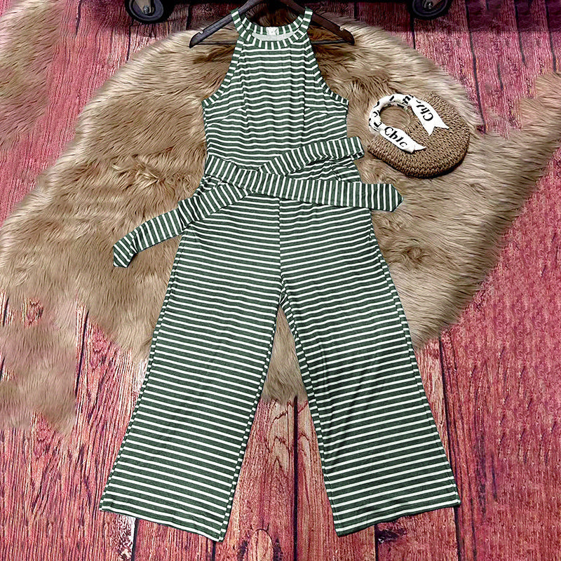 Women's Striped Halter Neck Jumpsuit with Self-Tie Belt & Wide-Leg Crop