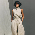 Women's Linen-Blend High-Neck Sleeveless Top & Wide-Leg Pants Set