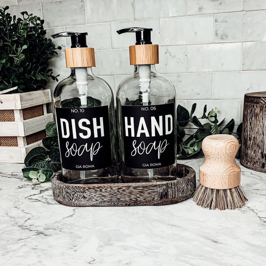 16oz Clear Glass Soap Bottle Refillable Boston Round With Black Label