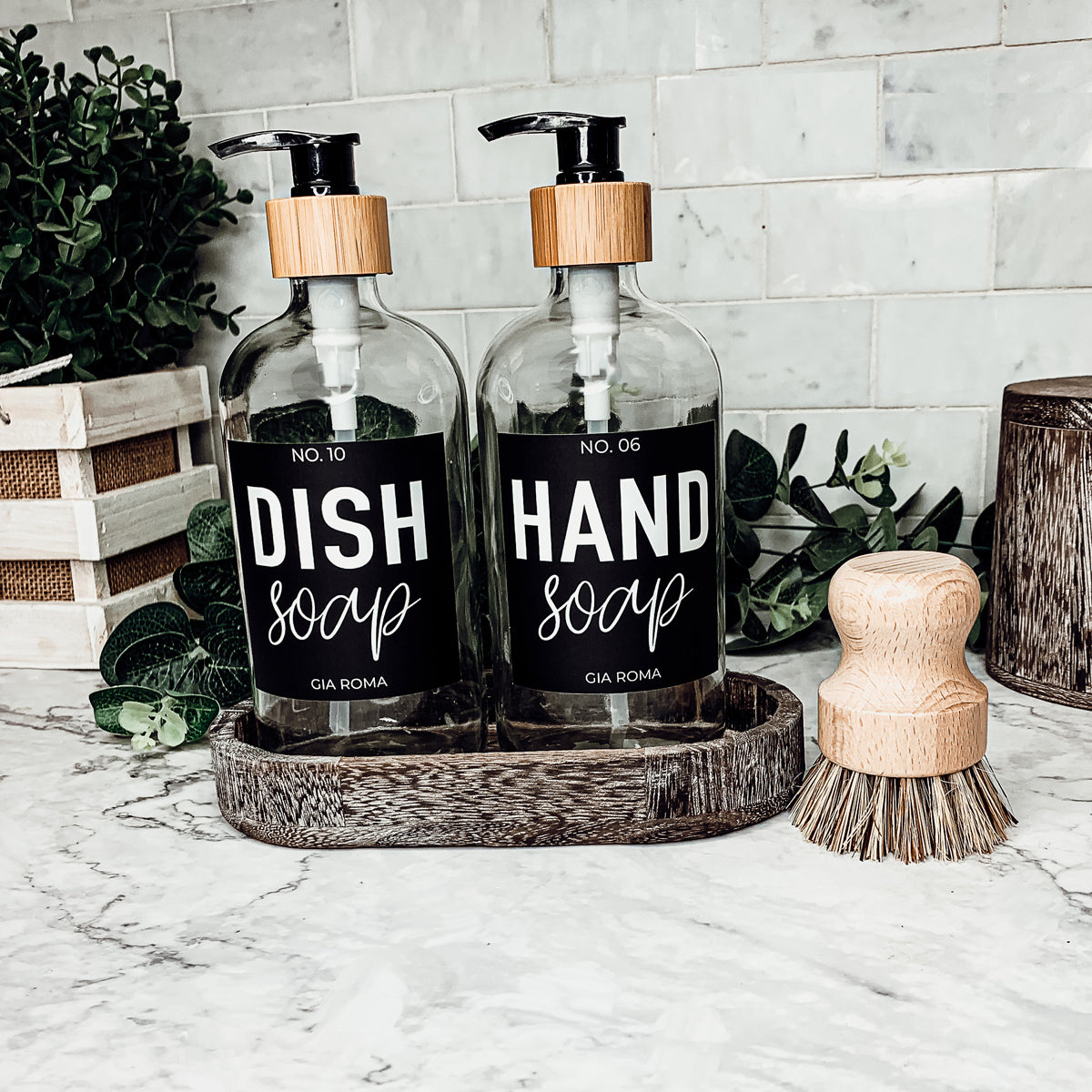 16oz Clear Glass Soap Bottle Refillable Boston Round With Black Label