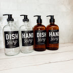 16oz Clear Glass Soap Bottle Refillable Boston Round With Black Label