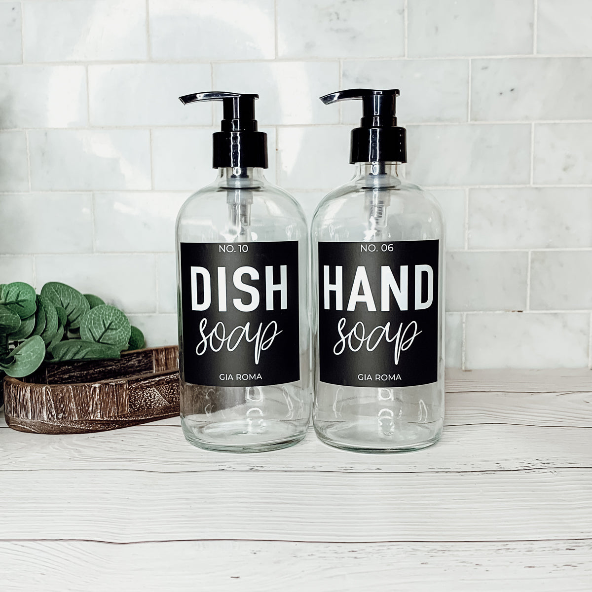 16oz Clear Glass Soap Bottle Refillable Boston Round With Black Label