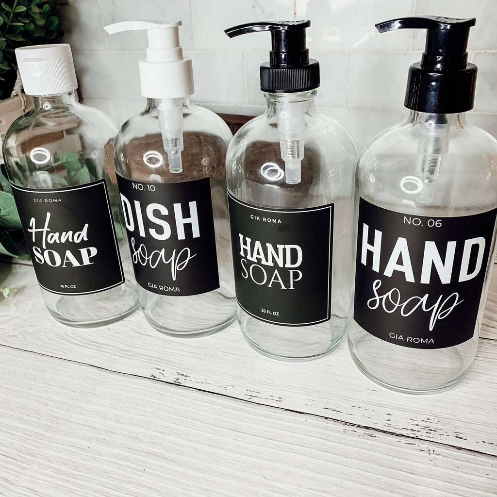 16oz Clear Glass Soap Bottle Refillable Boston Round With Black Label
