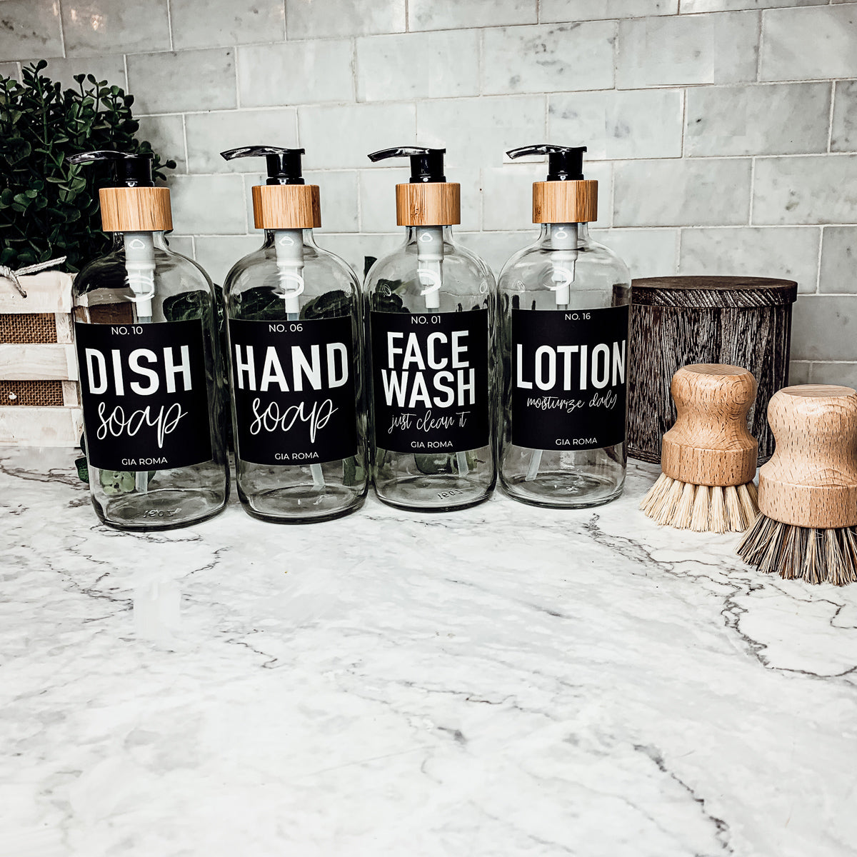 16oz Clear Glass Soap Bottle Refillable Boston Round With Black Label