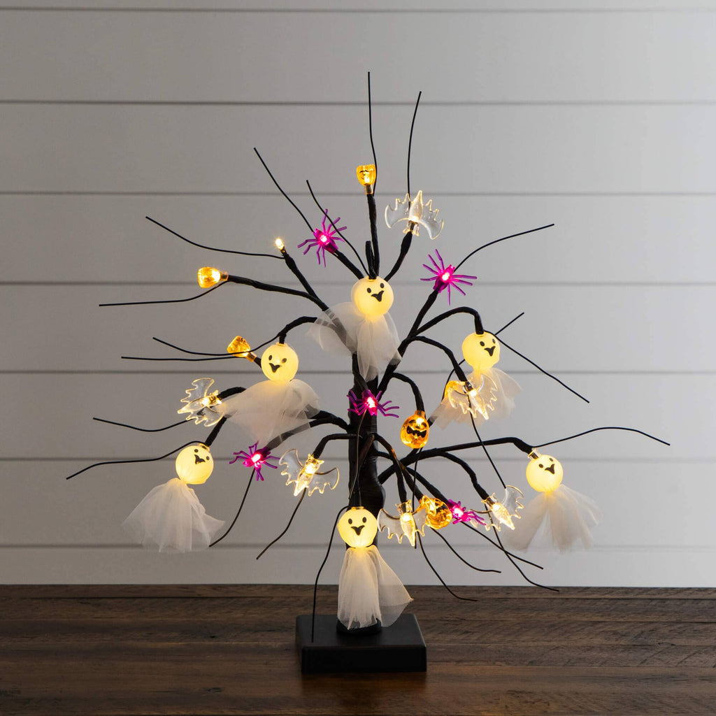 18" Pre-Lit Artificial Halloween Ghost Dolls, Spiders, Bats & Pumpkins 24 LED Lighted Ornament Tree - Che Cose Belle