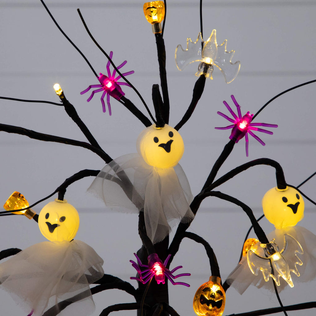18" Pre-Lit Artificial Halloween Ghost Dolls, Spiders, Bats & Pumpkins 24 LED Lighted Ornament Tree - Che Cose Belle