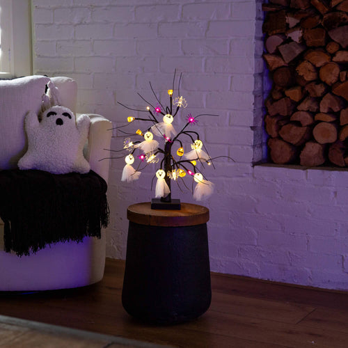 18" Pre-Lit Artificial Halloween Ghost Dolls, Spiders, Bats & Pumpkins 24 LED Lighted Ornament Tree - Che Cose Belle