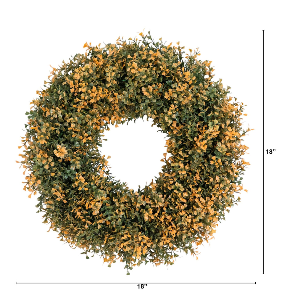 18" Pre-Lit Autumn Boxwood Artificial Fall Wreath with 25 Warm White LED Lights - Che Cose Belle