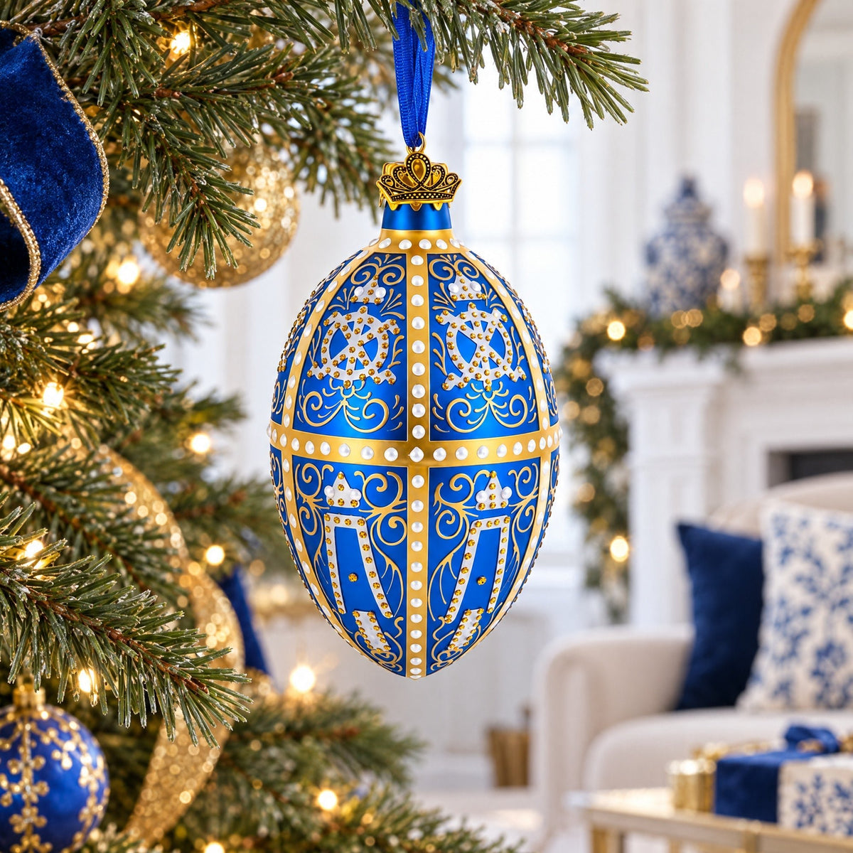 1896 Twelve Monograms Royal Glass Egg Ornament 4 Inches - Che Cose Belle