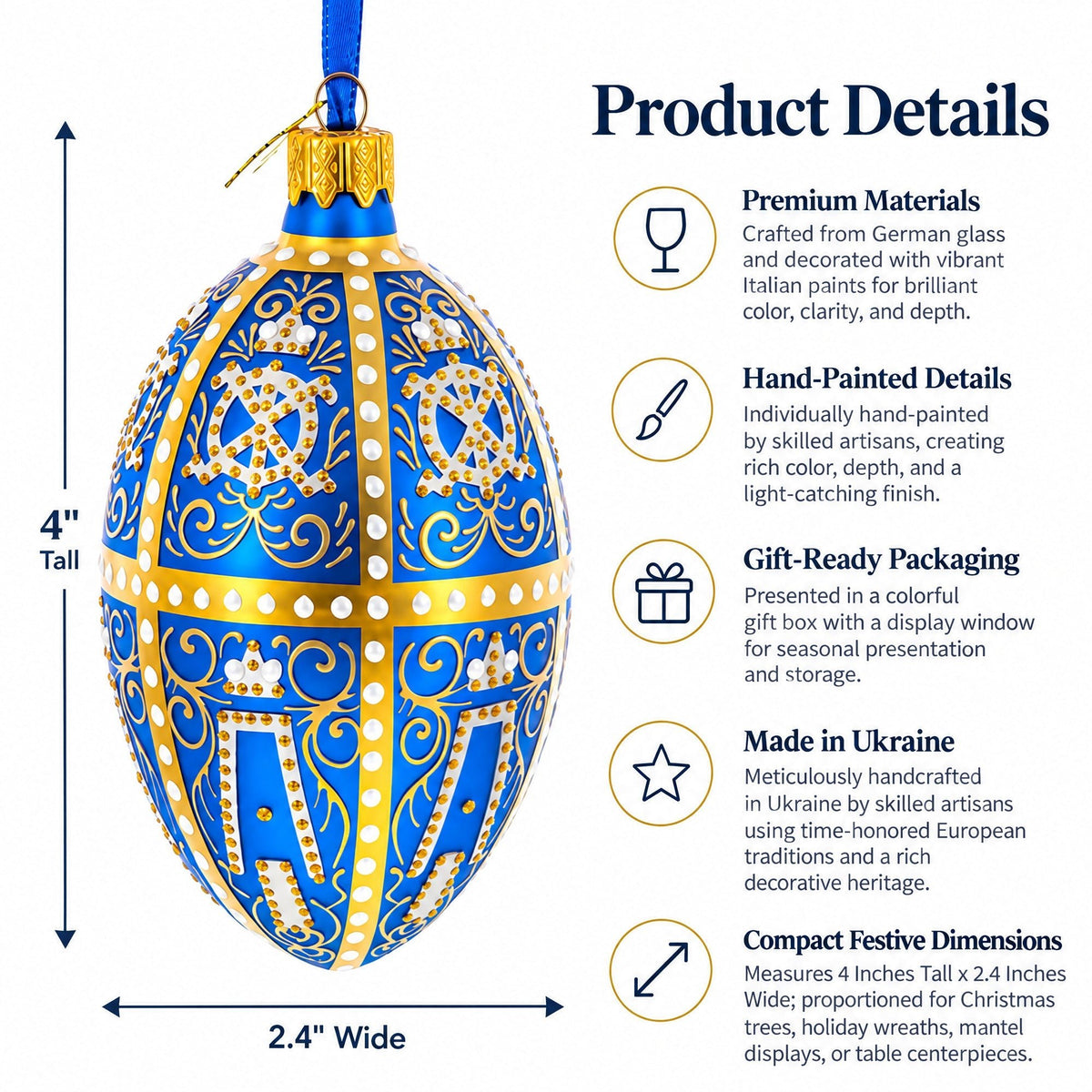 1896 Twelve Monograms Royal Glass Egg Ornament 4 Inches - Che Cose Belle