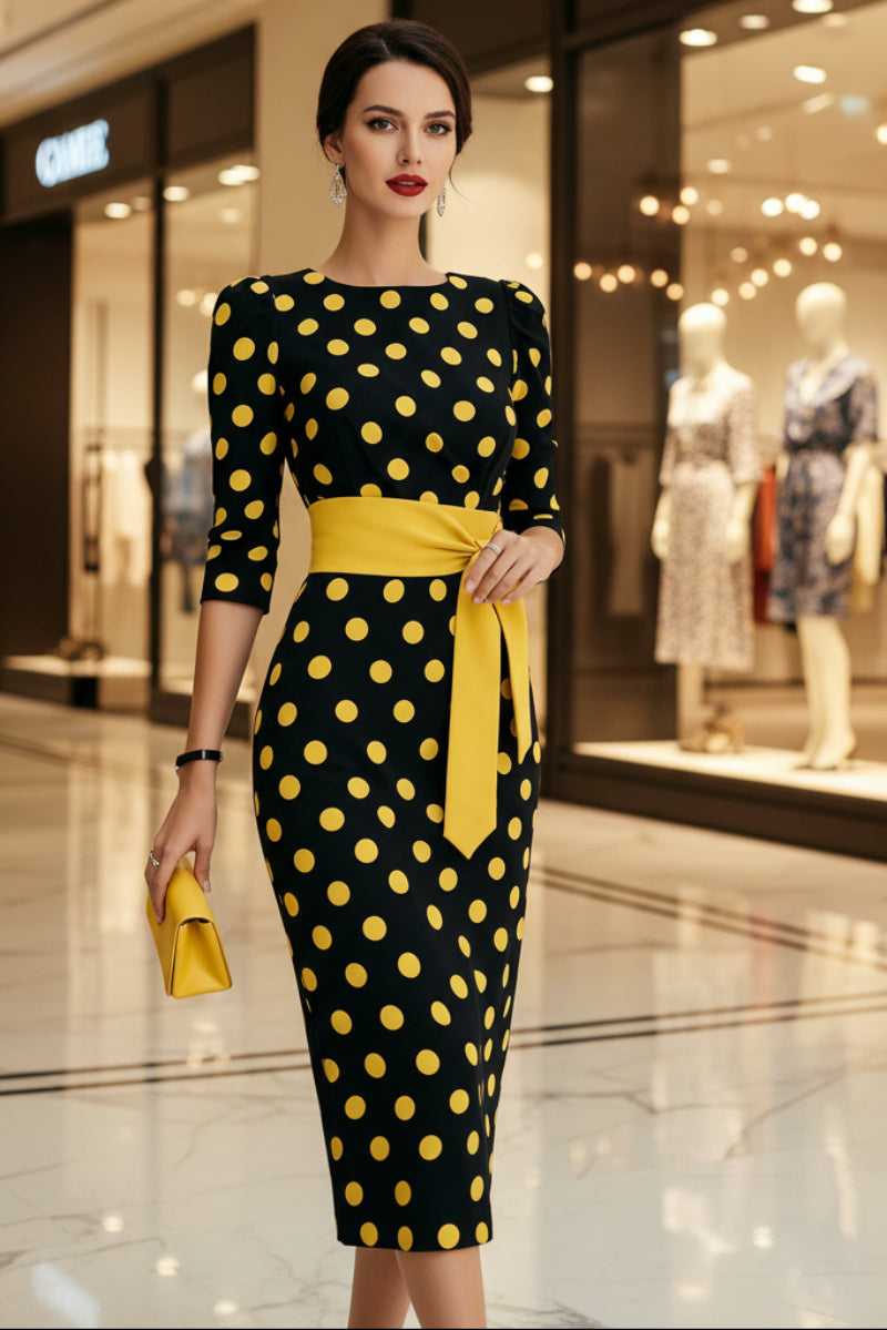 Women's Retro Polka-Dot Bodycon Midi Dress | Belted Waist Slim Fit