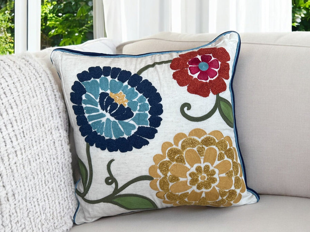 18x18" Embroidered Floral Boho Floral Throw Pillow Decorative Cover - Che Cose Belle