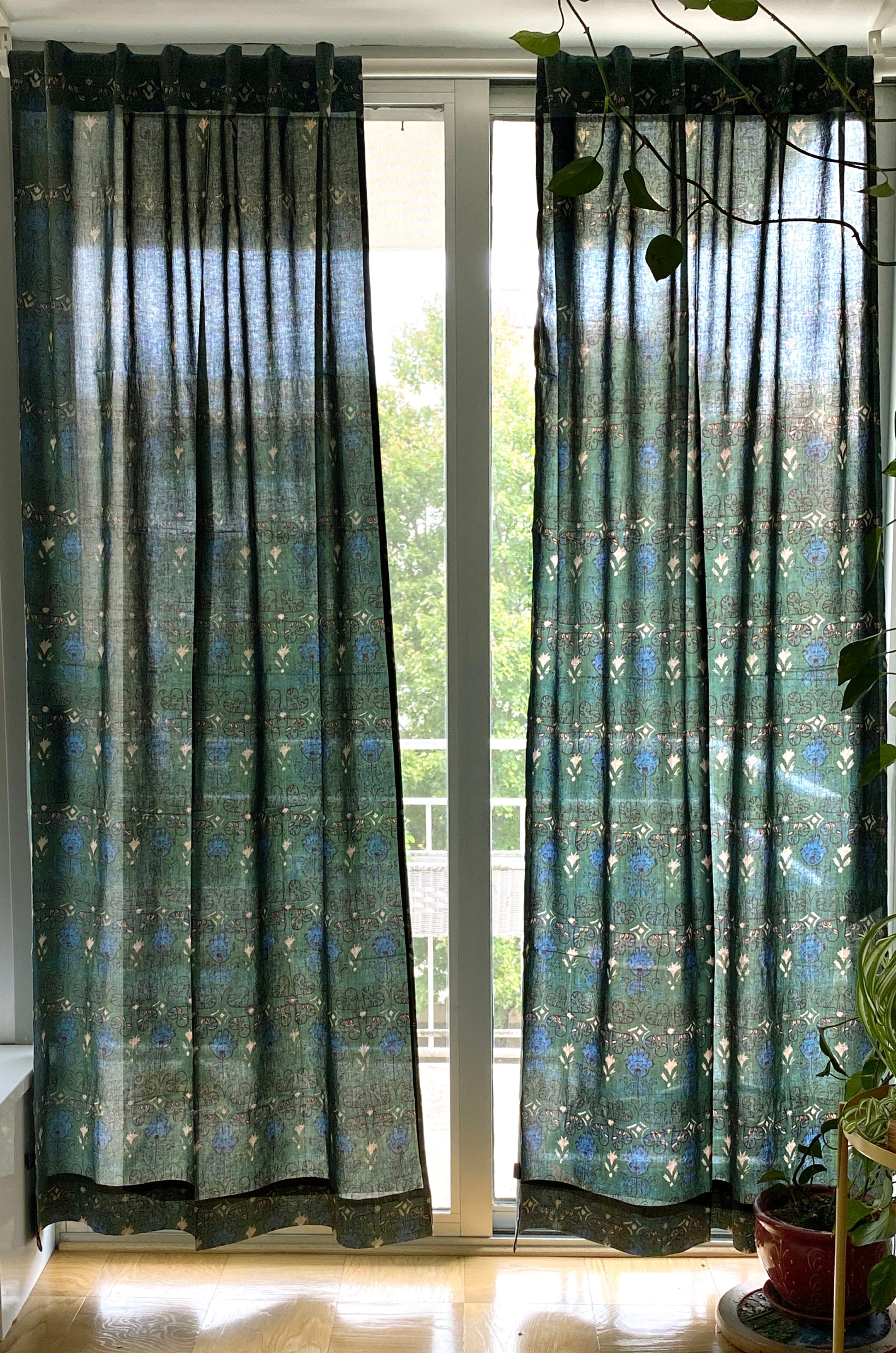Curtain Panel, Boho Block Print Cotton Drape - Meadow Green