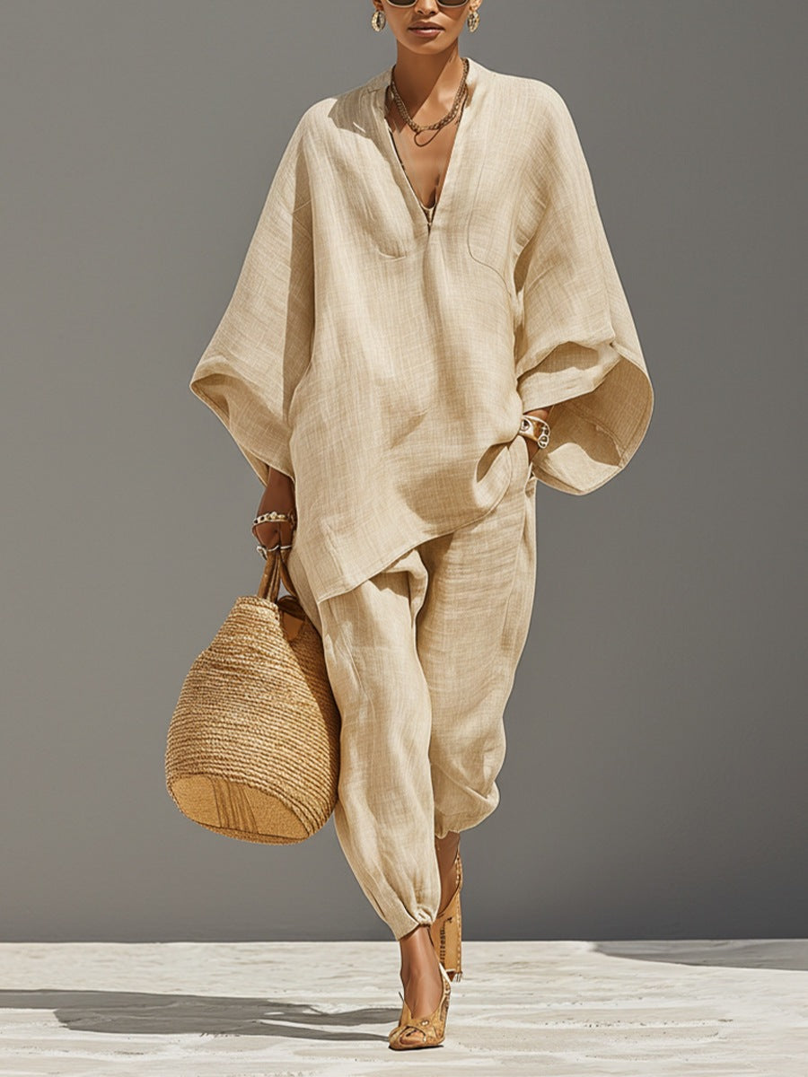Women's Oversized Cape-Sleeve V-Neck Top & Tapered Jogger Pants Two-Piece Set
