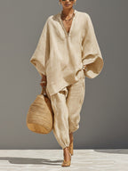 Women's Oversized Cape-Sleeve V-Neck Top & Tapered Jogger Pants Two-Piece Set