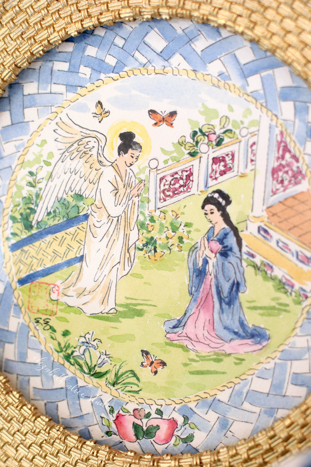 Chinoiserie Christmas original watercolor painting, The Annunciation