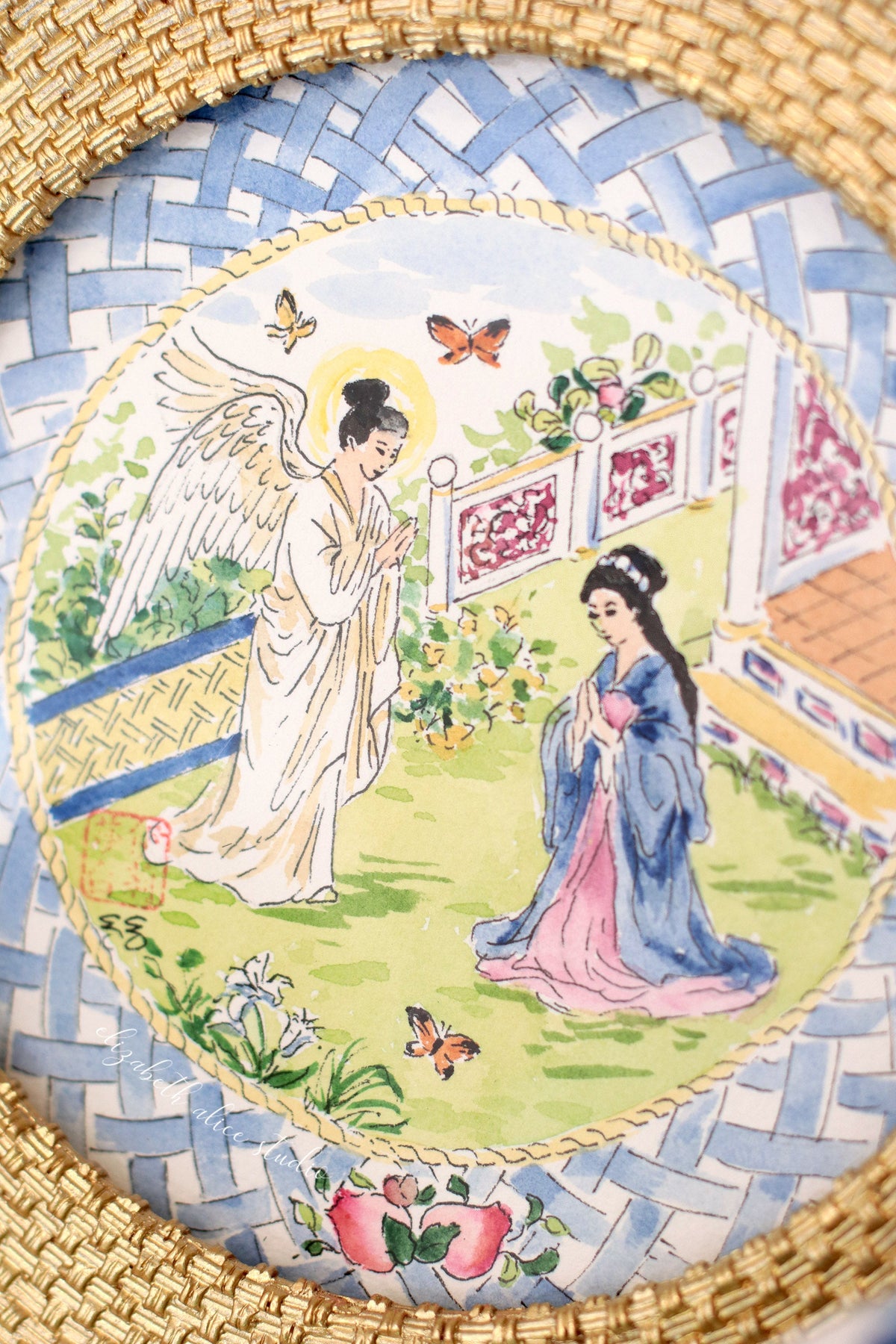 Chinoiserie Christmas original watercolor painting, The Annunciation
