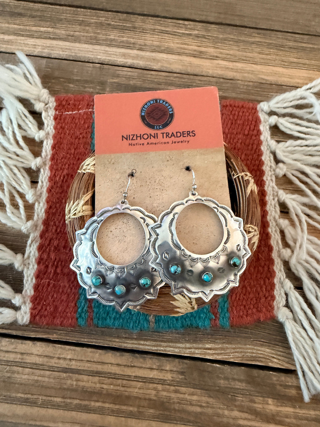 Handmade Sterling Silver & Turquoise Concho Dangle Earrings by Kimari Somers