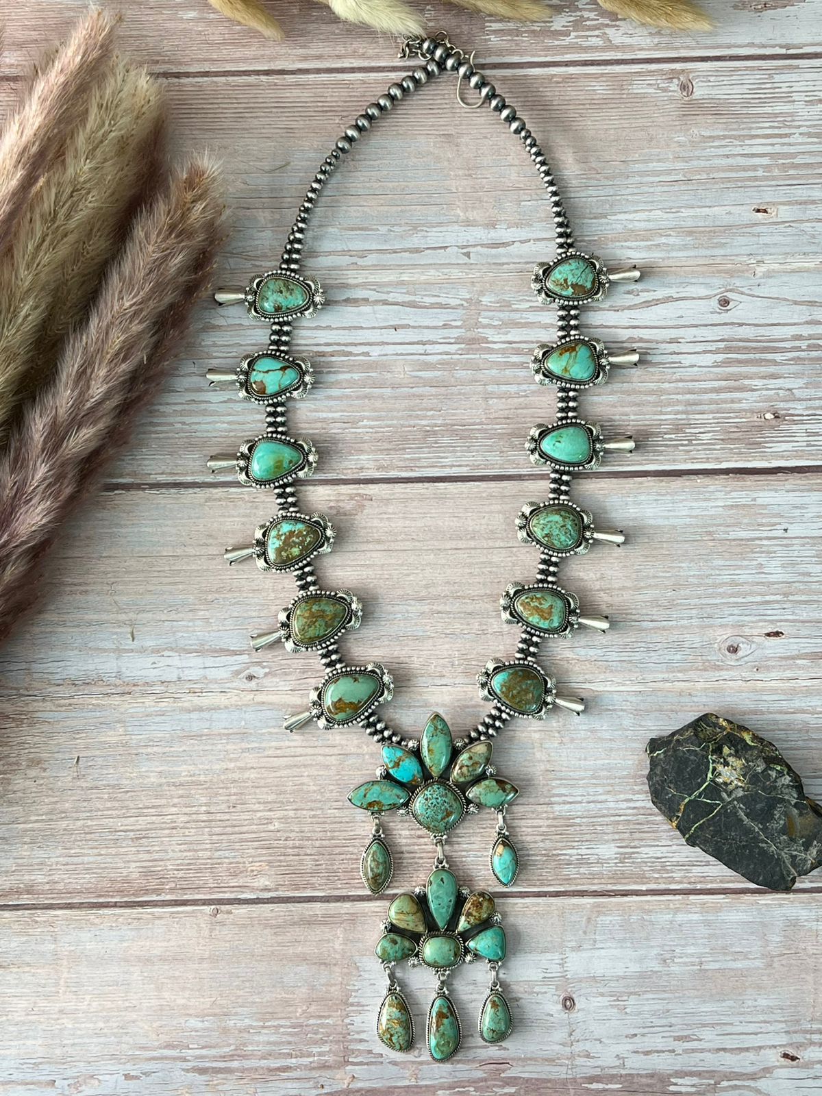 Handmade Sterling Silver Baja Turquoise Collection: Squash Blossom Beaded Necklace "Signed Nizhoni"