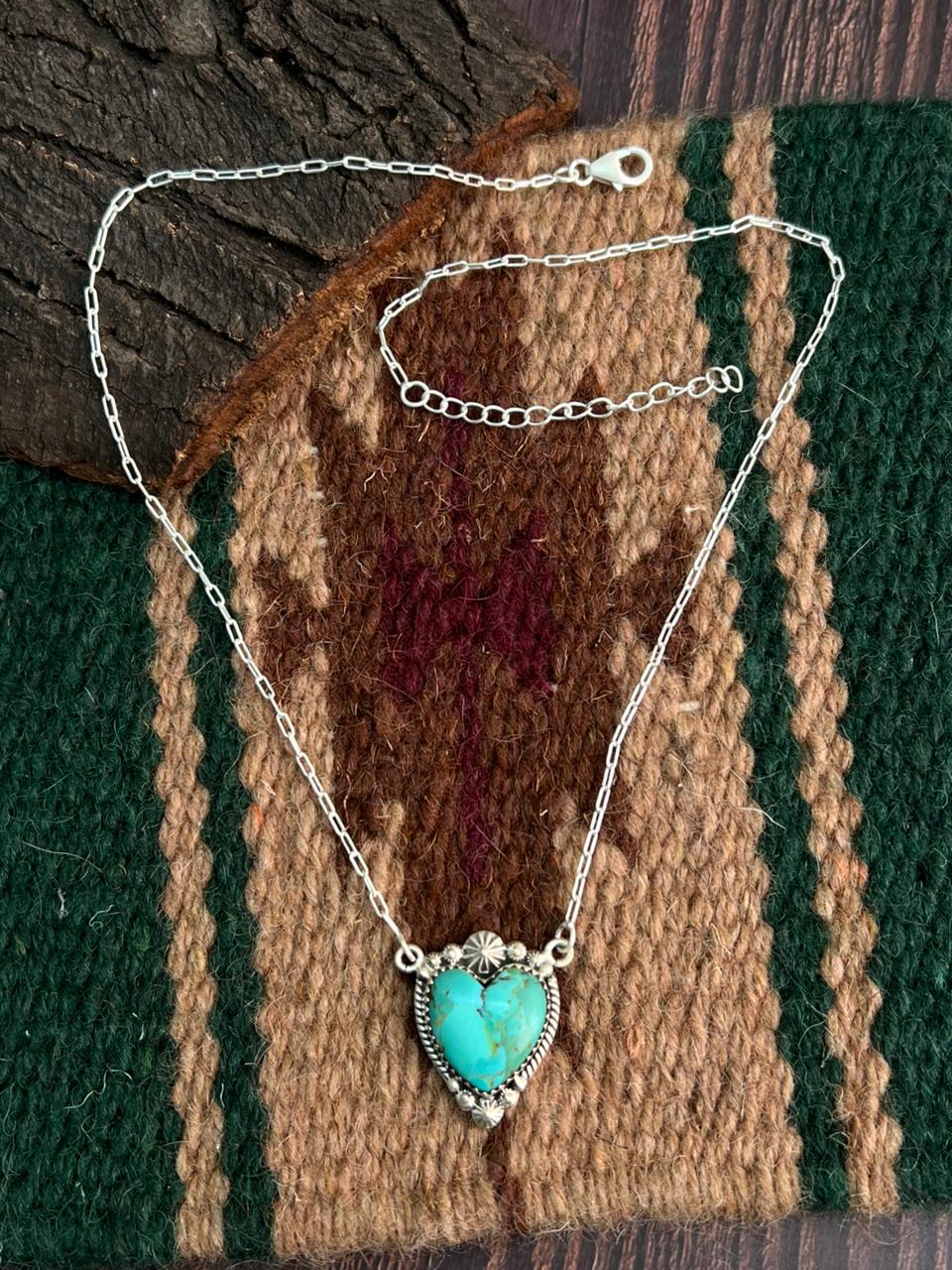 "Heart Collection" Handmade Sterling Silver Kingman Turquoise Necklace "Signed Nizhoni"