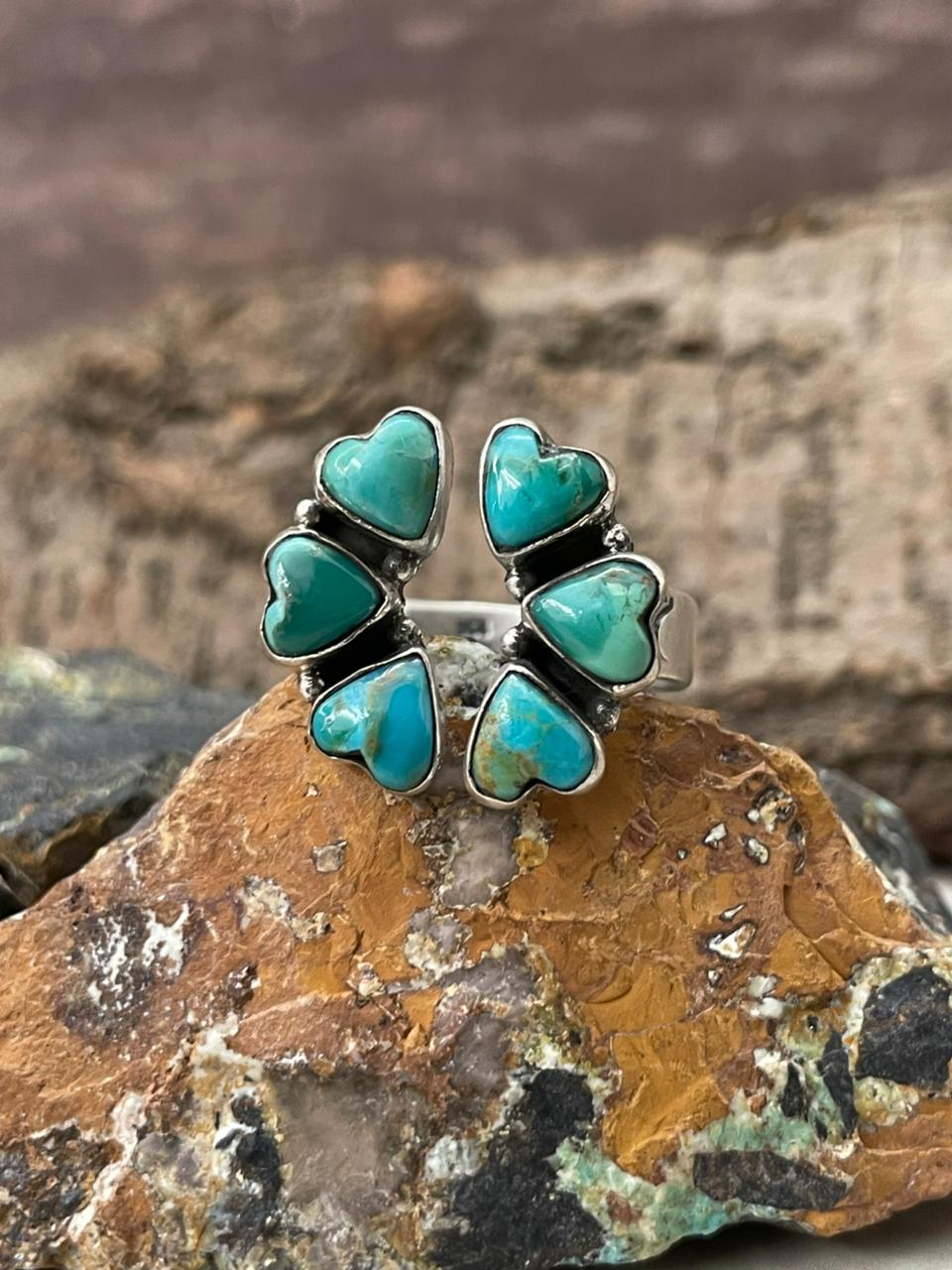 "Heart Collection" Handmade Sterling Silver Kingman Turquoise Adjustable Ring "Signed Nizhoni"