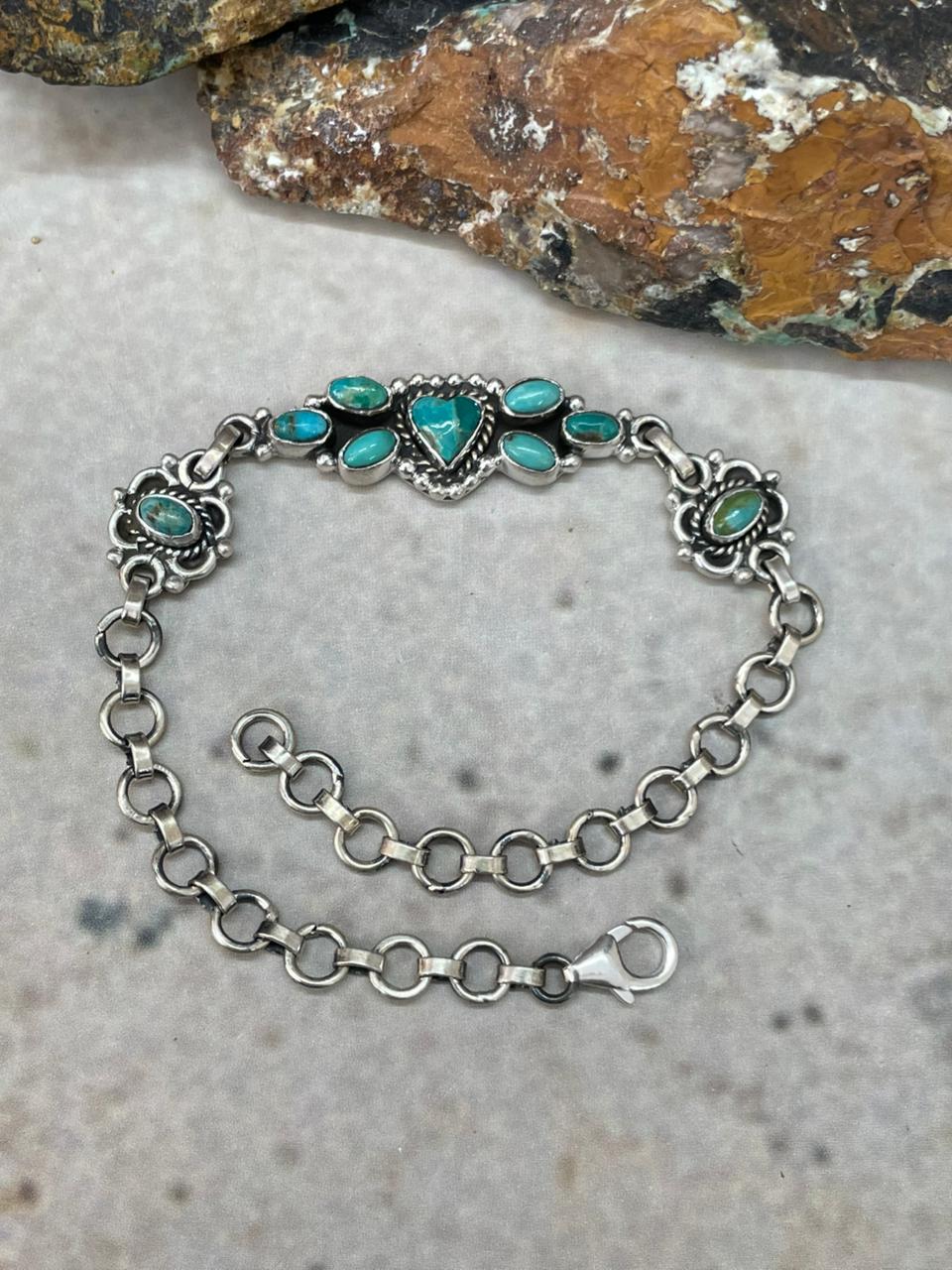 "Heart Collection" Handmade Sterling Silver Kingman Turquoise Chain Bracelet "Signed Nizhoni"