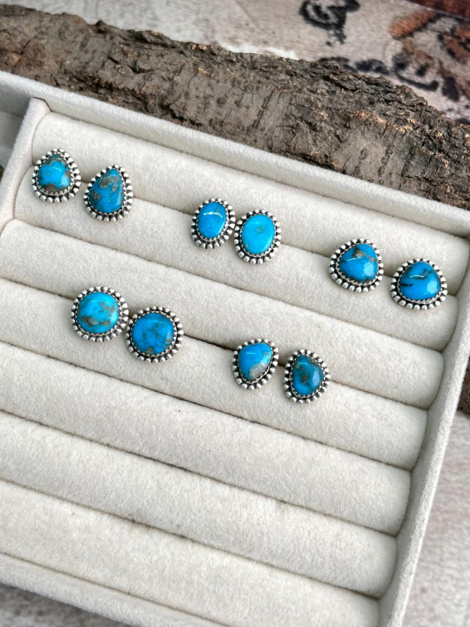 Handmade Sterling Silver Arizona Blue Turquoise Post Studs Earrings "Signed Nizhoni"